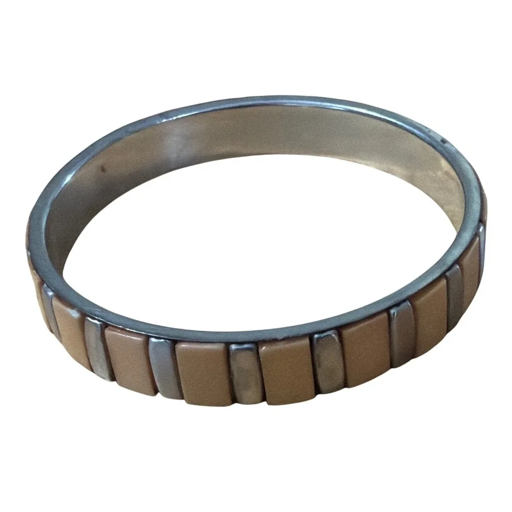 Vintage Style Tan Enamel and Silver‎ Tone Tile Bangle Bracelet  Slip On